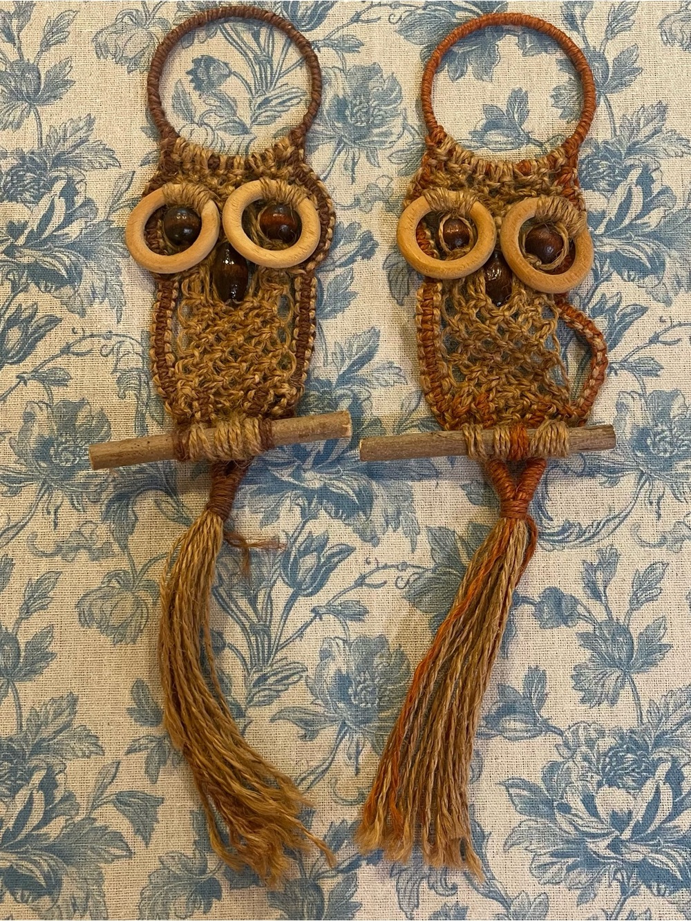 Vintage 70s Macrame Owl Wall Hanging Pair • Boho Jute Towel Holder Decor